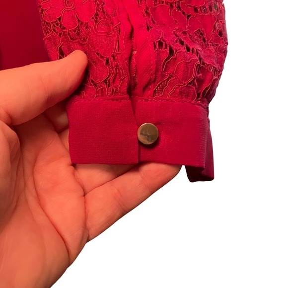 City Chic XL Lace Trim Long Sleeve Blouse Red Semi-Sheer Button Cuff - Picture 2 of 7